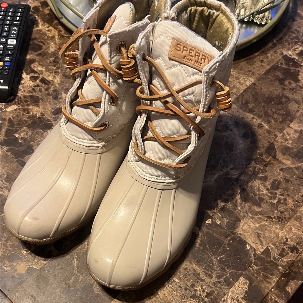 Sperry Cream Duck Boots with Tan Laces
